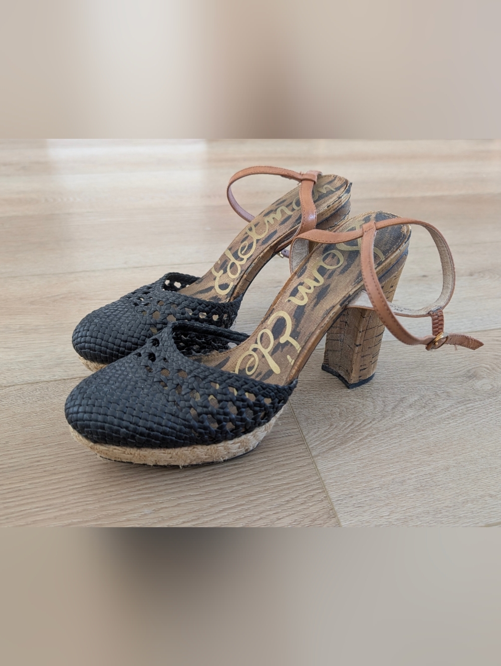 Sam Edelman Rella Black Leather Woven Cork Block Heels with Tan Straps